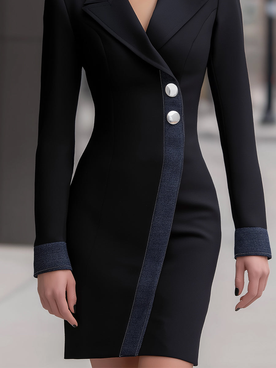 Tailored Asymmetric Dress With Contrast Denim Trim