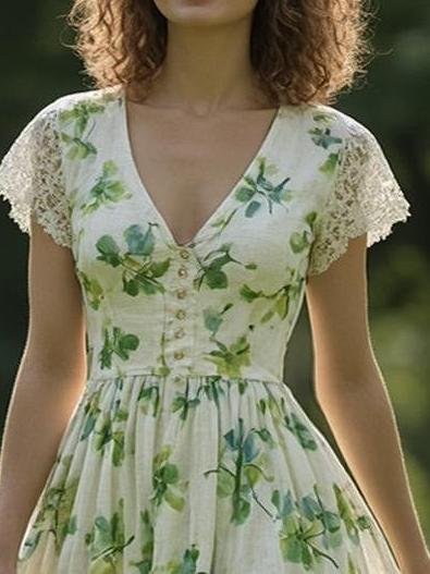 Linen Maxi Dress, Short Sleeve, V neck, Floral, Vintage, Green