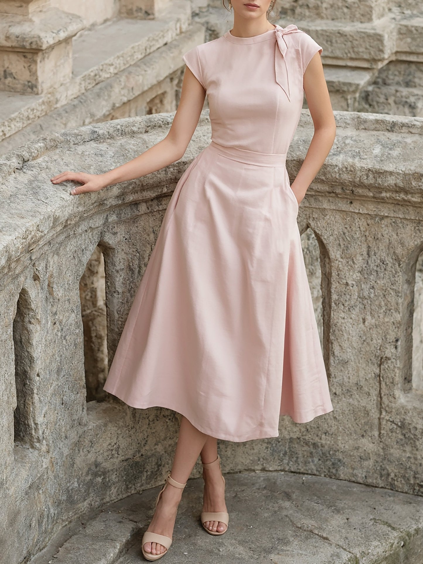 Midi Linen Dress , Cap Sleeves, Round Neck, Plain, Pocket Design, French Vintage, Light Pink