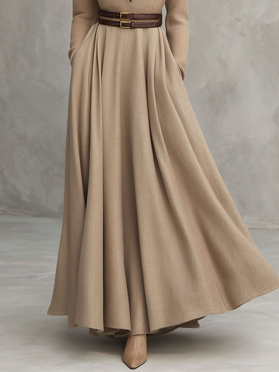 Elegant A-Line Contrast Lapel Long Camel Wool Coat Dress