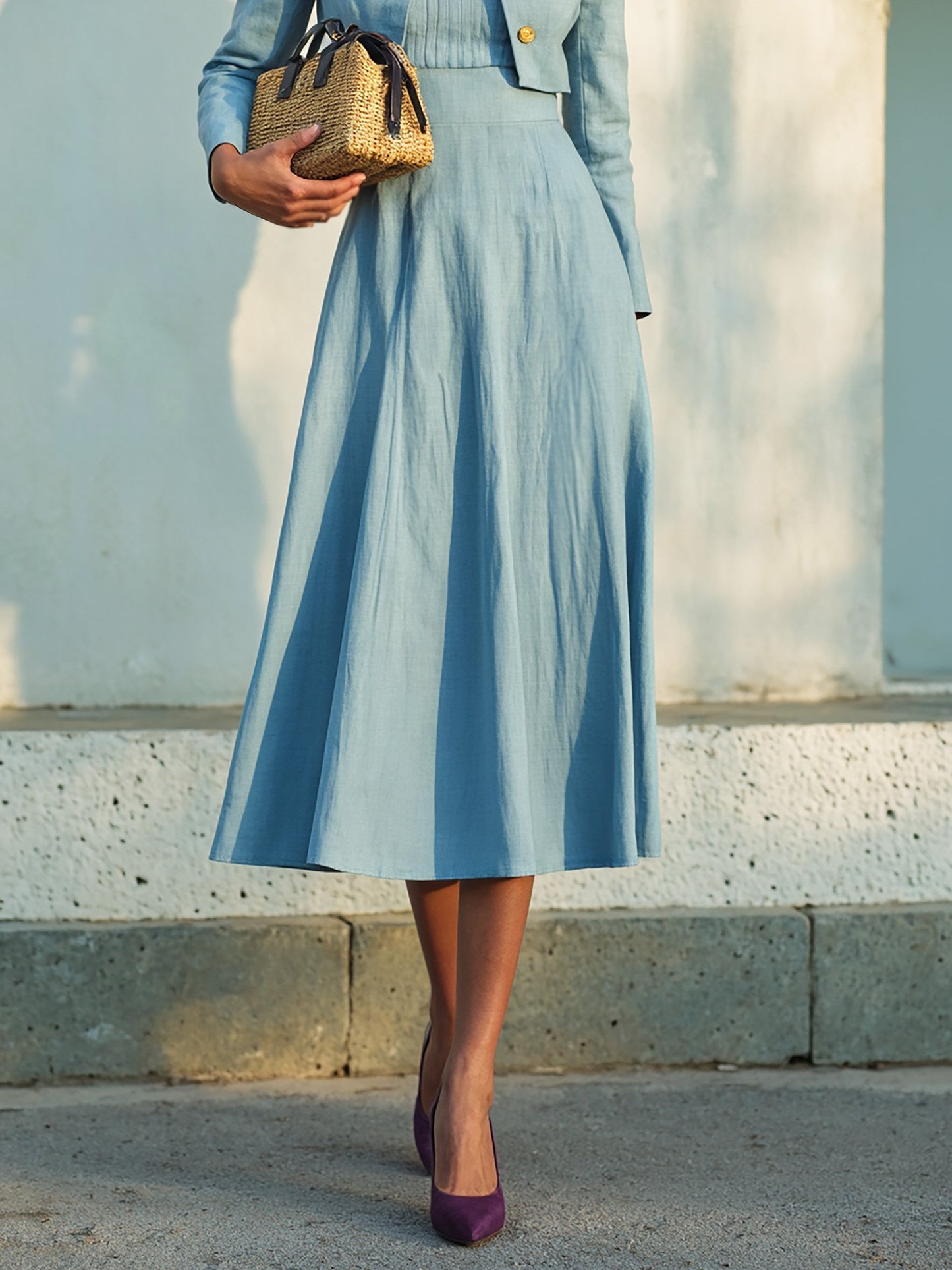 Midi Cotton Dress Set, Long Sleeves, Round Neck, Plain, Button Design, French Vintage, Blue