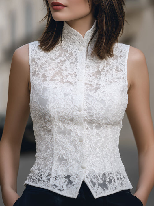 Sleeveless Lace Mandarin Collar Button-Front Top