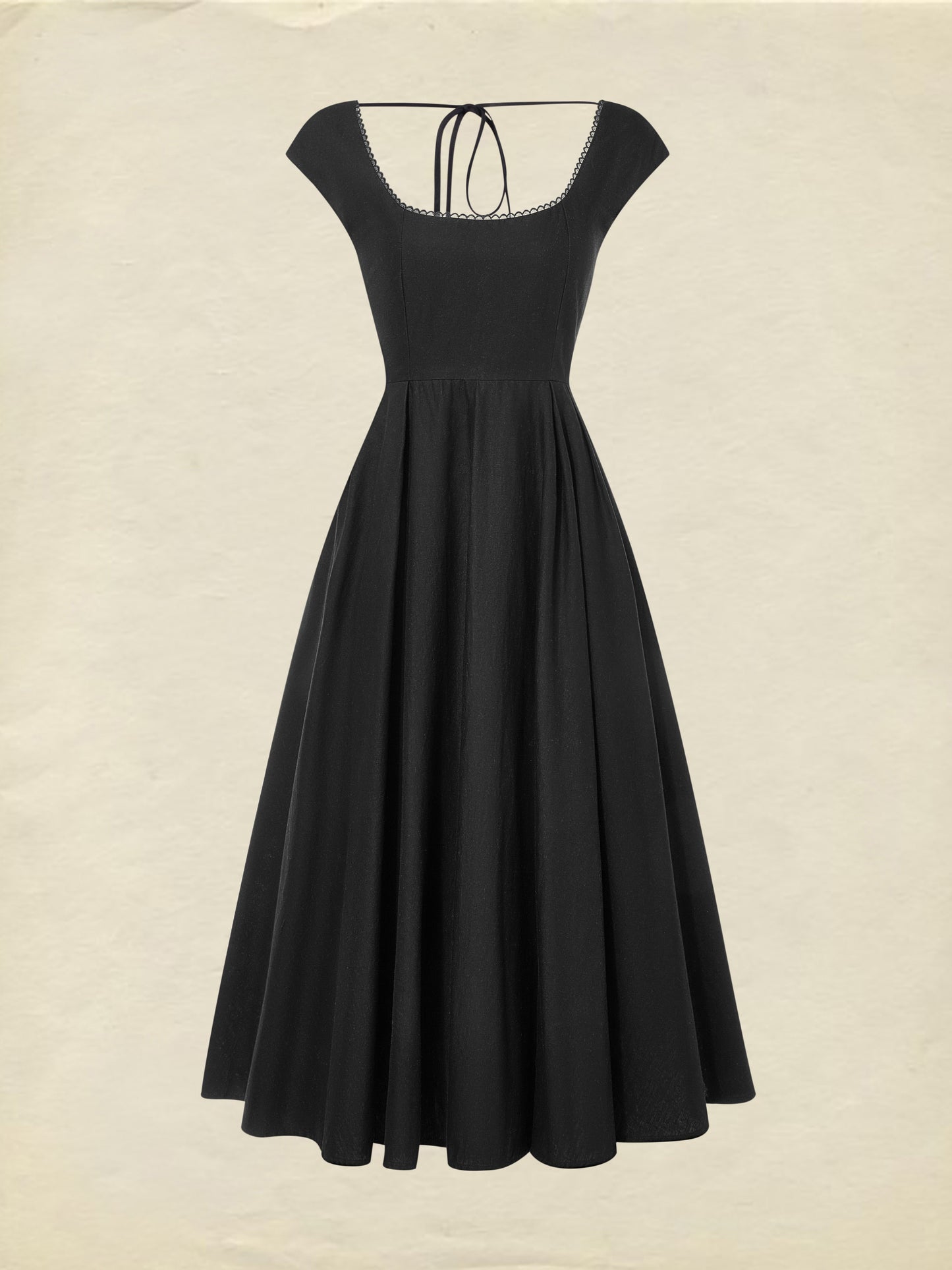 Midi Linen Dress, Sleeveless, Lace Collar, Plain, Lace, French Vintage, Black