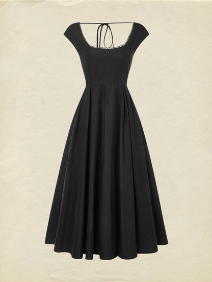 Midi Linen Dress, Sleeveless, Lace Collar, Plain, Lace, French Vintage, Black