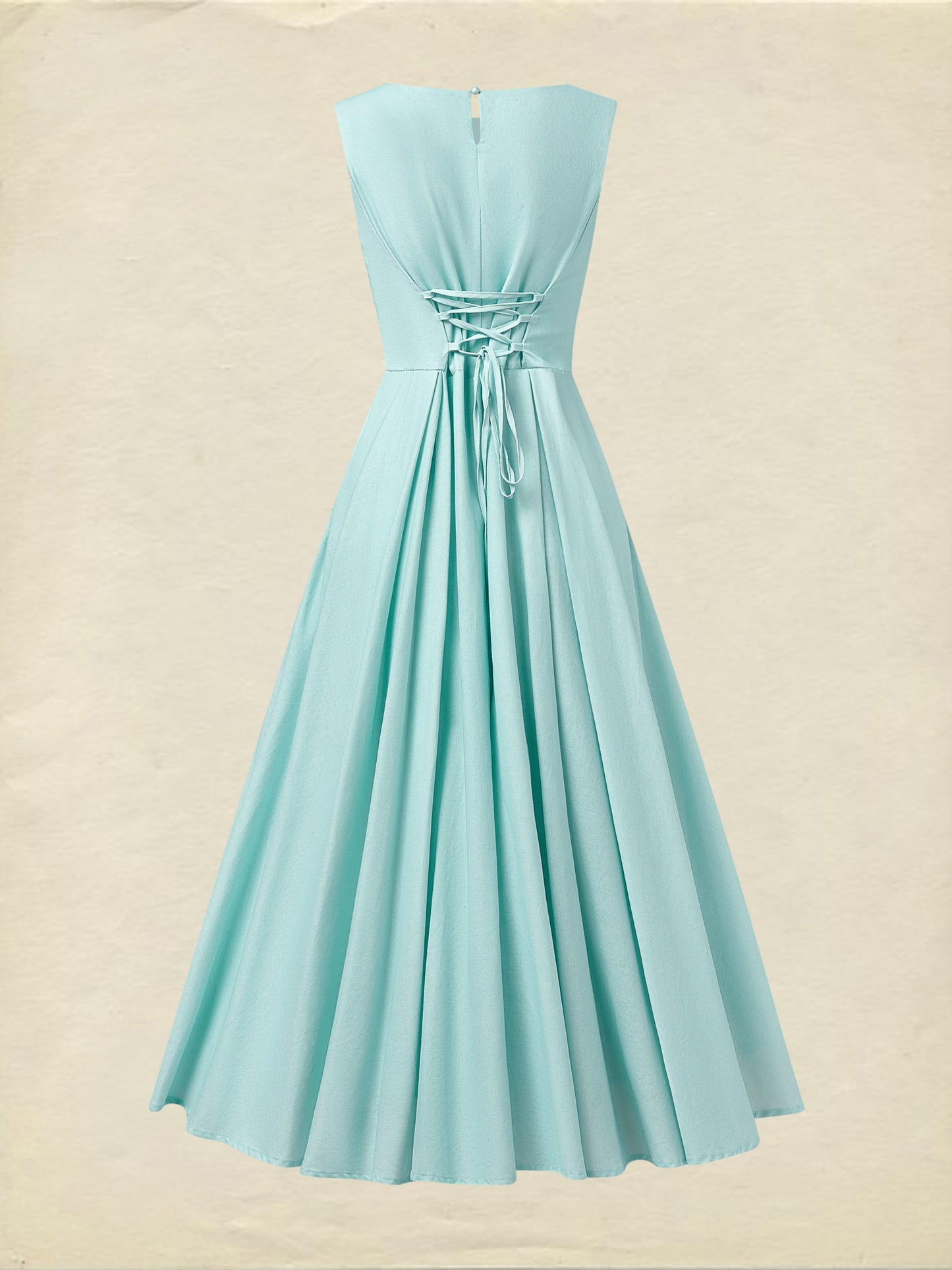 Maxi Linen Dress , Sleeveless, Round Neck, Feather Pattern, Pocket Design, Vintage, Sky Blue