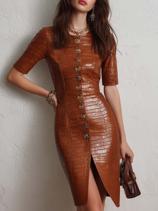 Caramel Croc-Embossed Faux Leather Midi Dress