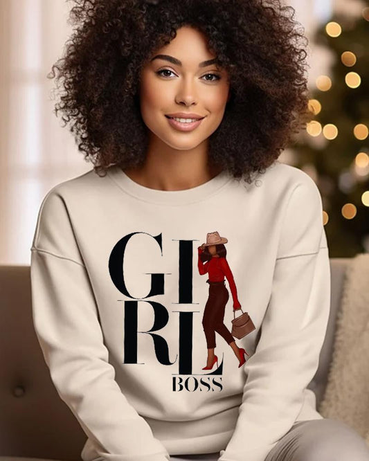 Casual Black Girl Printed Crew Neck Sweatshirt for Women