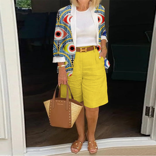 Classic Style Printed Yellow Shorts Pantsuit