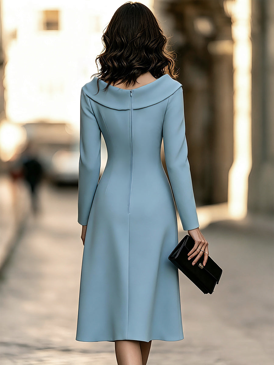 Elegant Decorative Buttons Off-the-Shoulder Portrait Collar Midi Dress
