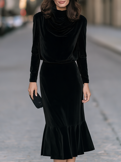 Velvet Draped Neck Flounce Hem Midi Dress