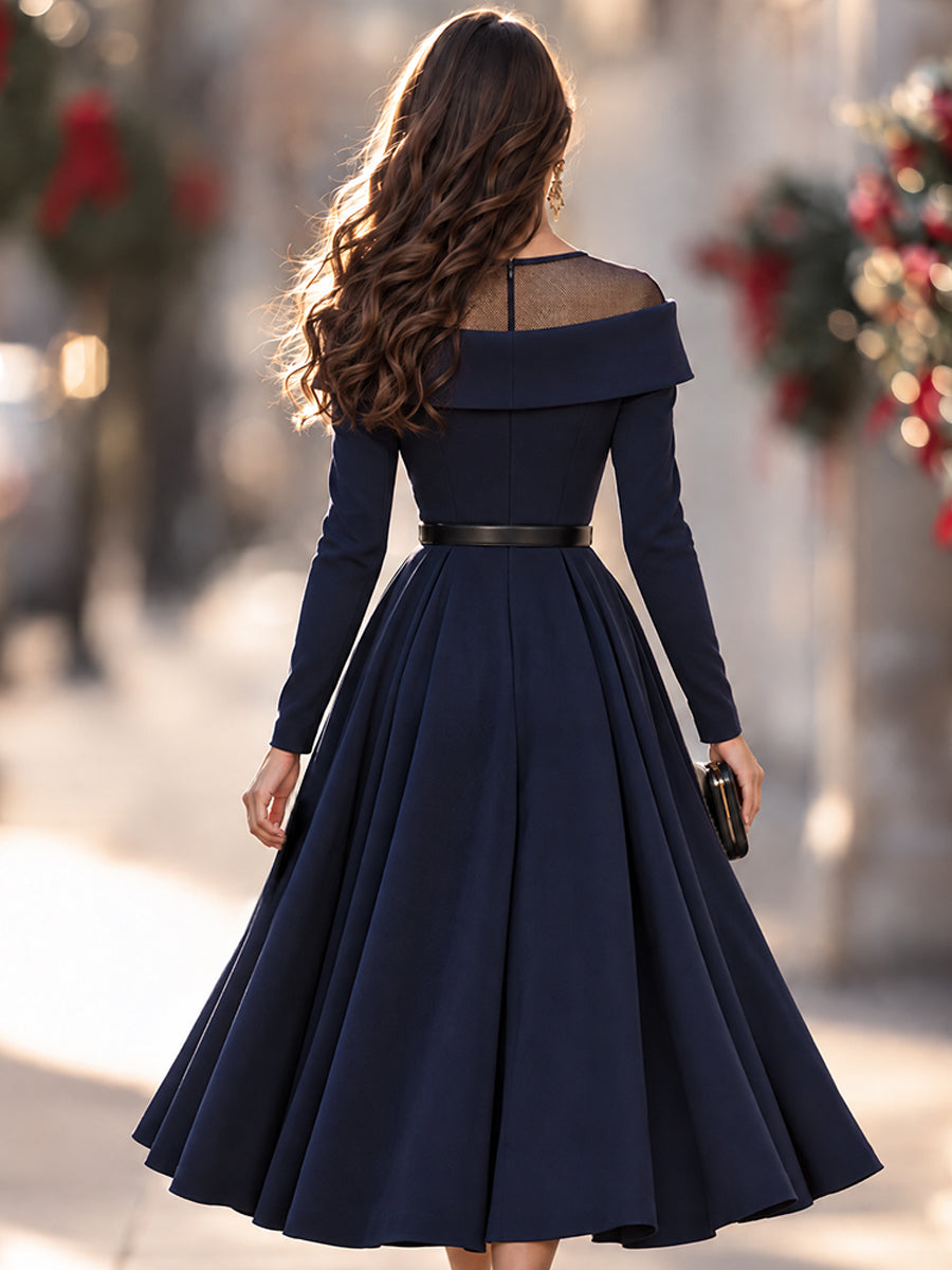 Elegant Sheer Mesh Off-Shoulder Belted A-Line Midi Dress