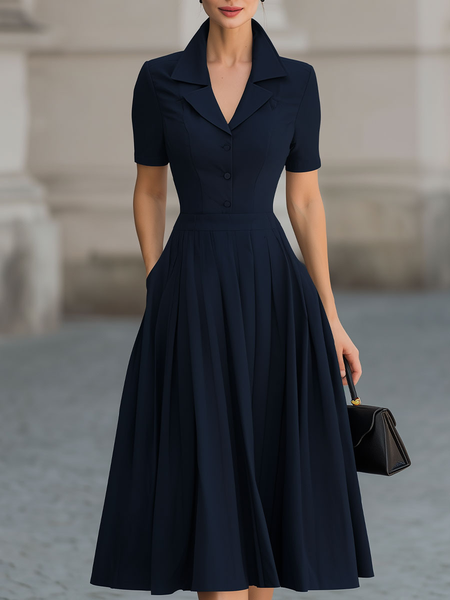KSXTXX Presents The Deep Navy Shirt Collar Fit-and-Flare Midi Dress