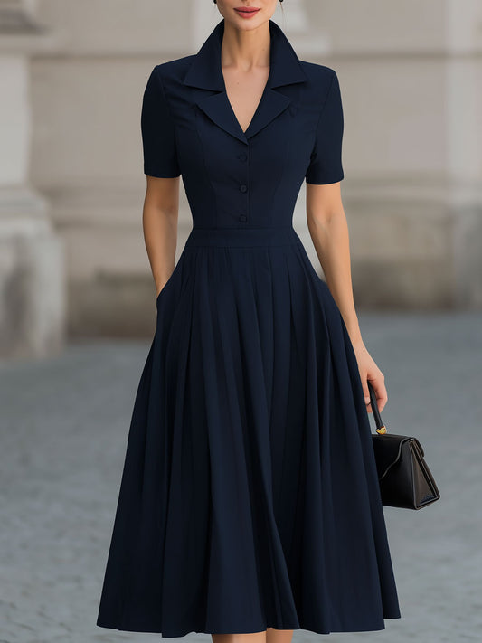 KSXTXX Presents The Deep Navy Shirt Collar Fit-and-Flare Midi Dress