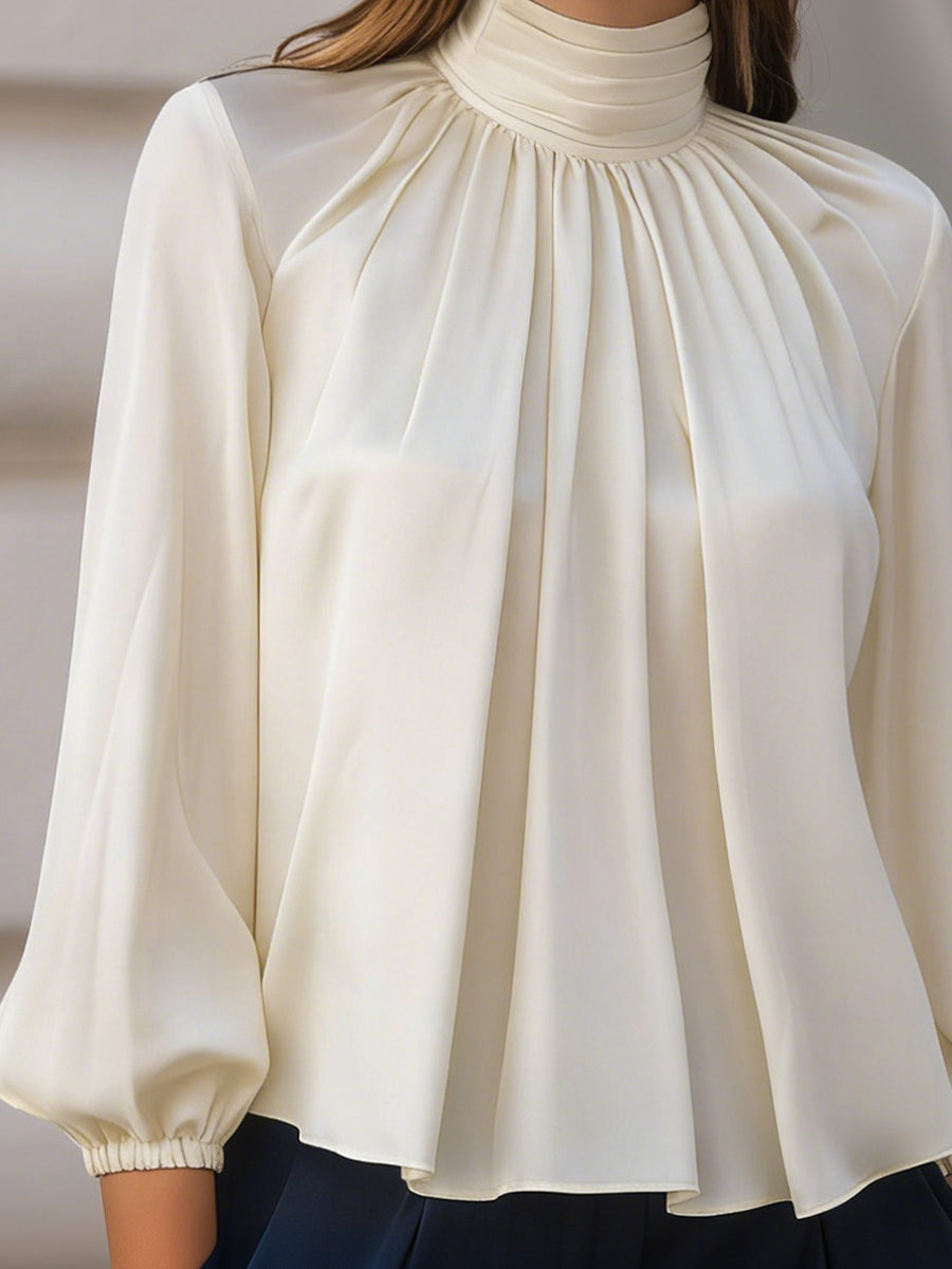 Satin High-Neck Draped Pleated Blouse