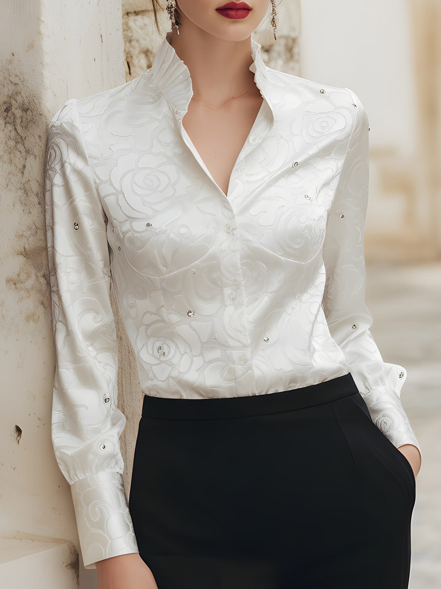KSXTXX Embellished Satin Floral Button-Down Shirt