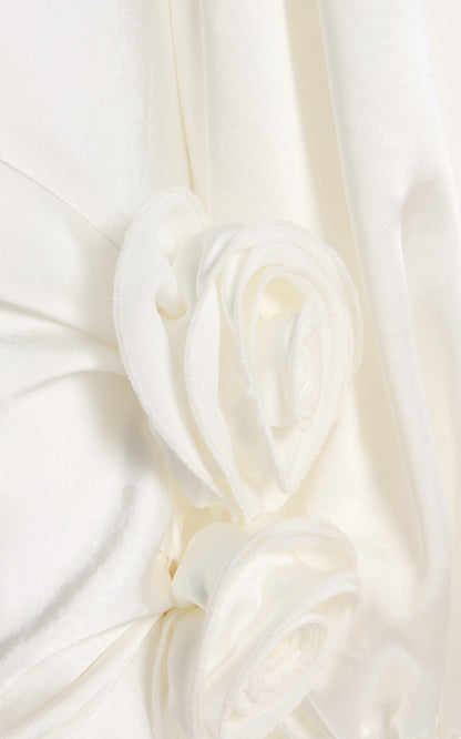 Vivir Baloon-Sleeve Rose-Detailed Hammered-Satin Maxi Dress