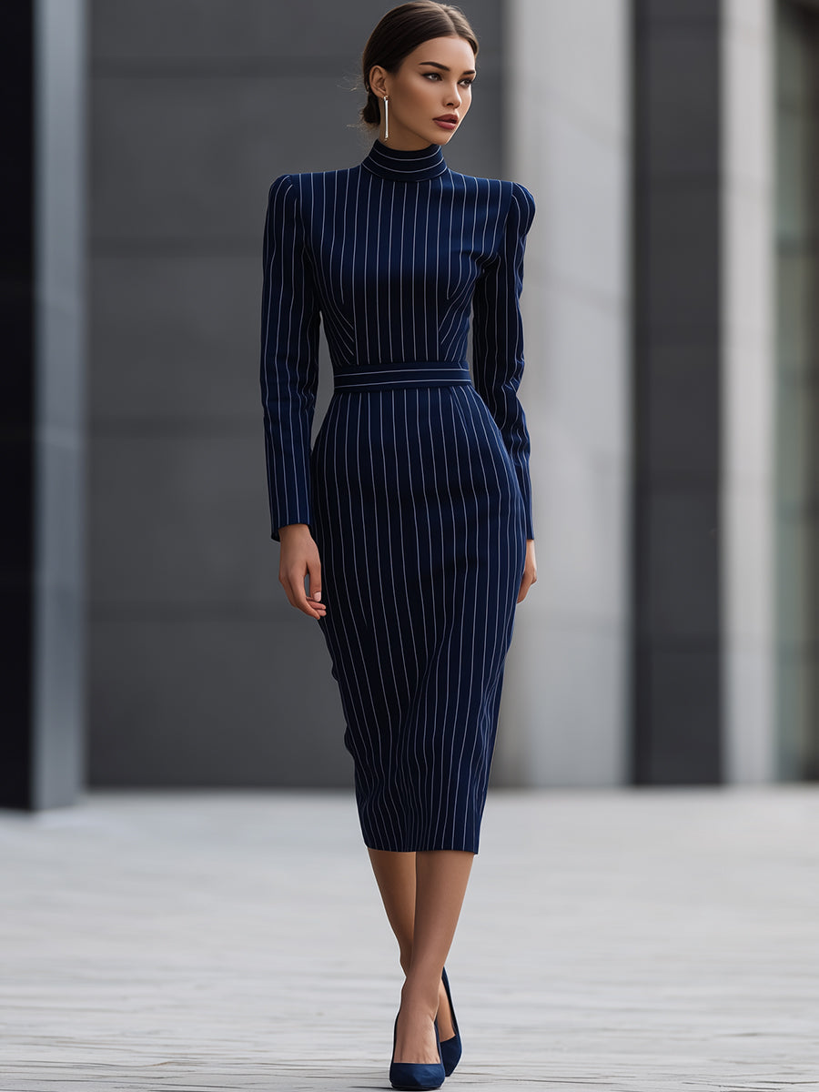 Navy Pinstripe High-Neck Midi Dress
