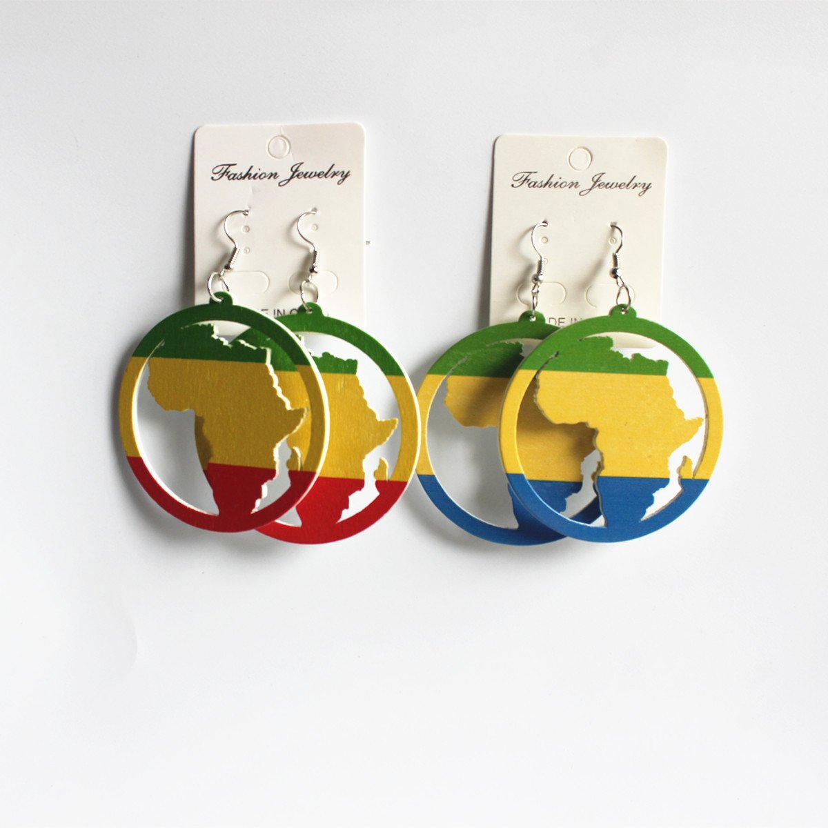 African Map Painted Color Block Printed Wooden Earrings