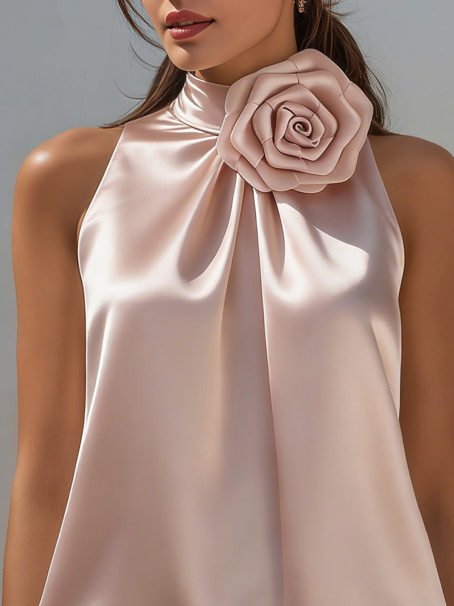 Sleeveless High-Neck Satin Top With Floral Accent