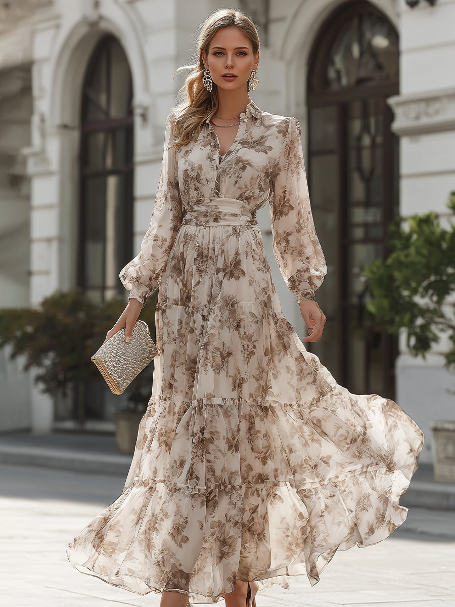 Floral Print Tiered Belted Maxi Dress