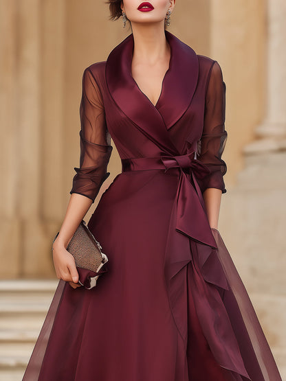 Enchanted Romance Sheer-Sleeve Wrap Midi Wedding Guest Dress