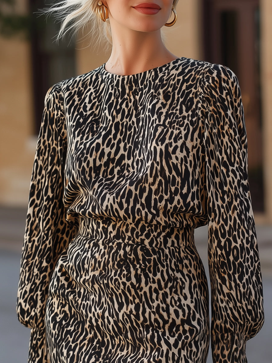 Leopard Print Long-Sleeve Tailored Mini Dress