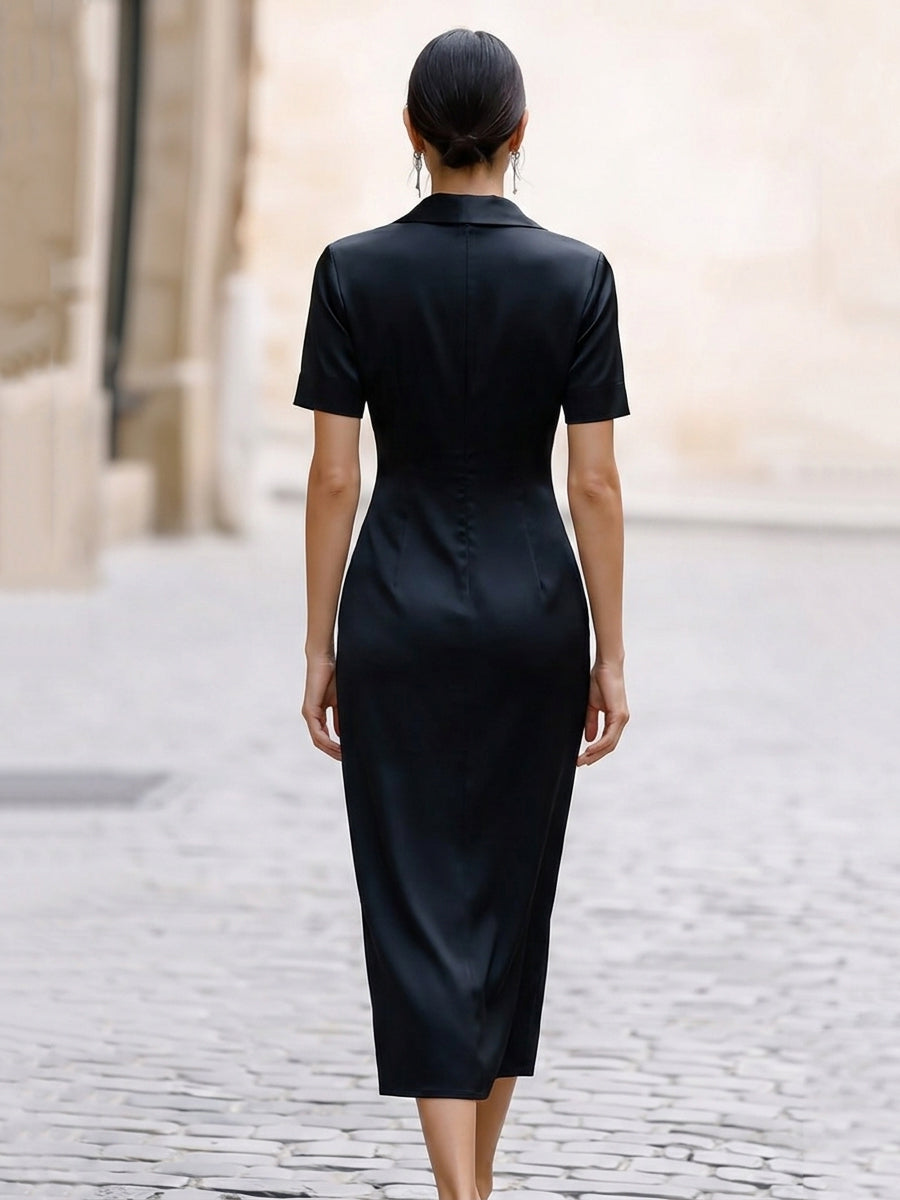 Timeless Midnight Satin Collared Midi Dress