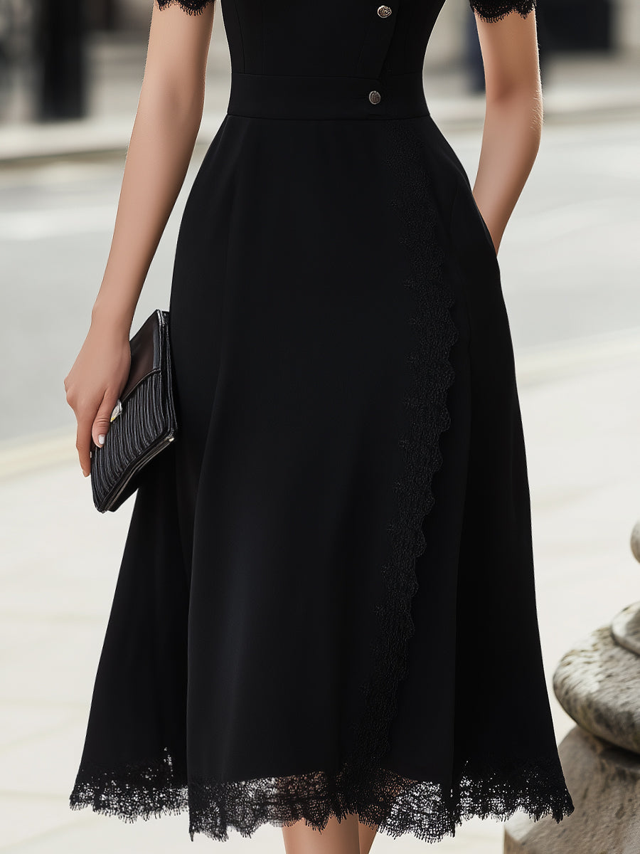 Button-Front Lace-Trim Midi Dress