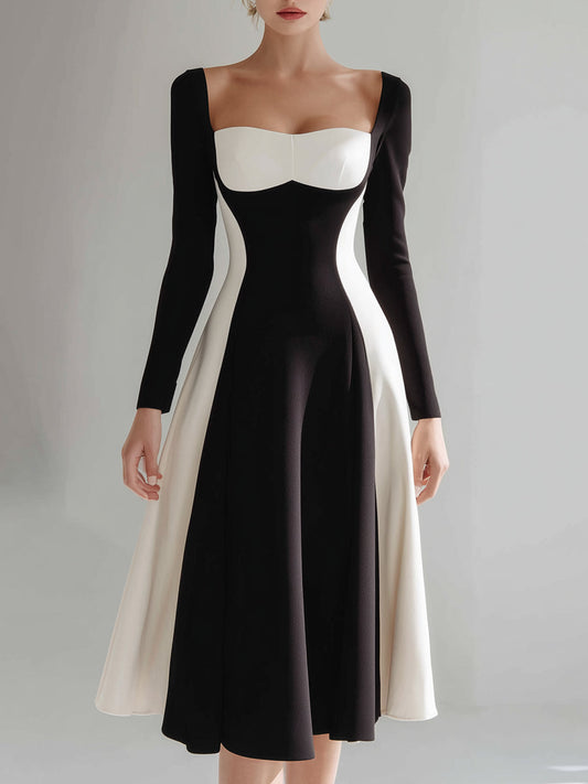 Black & Ivory Color-Block Sweetheart Neck Midi Dress