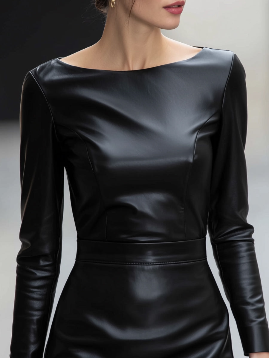 Boat-Neck Long-Sleeve Faux Leather Midi Dress