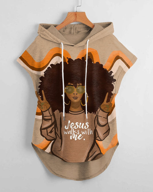 Jesus Walks with Me High Low Hem Drawstring Hooded Tee