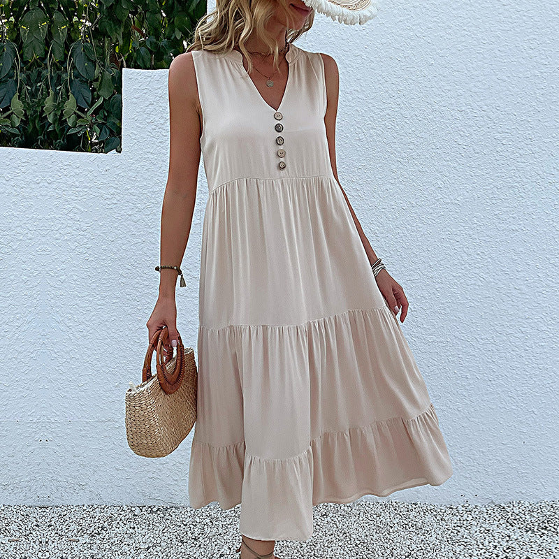 Sleeveless Draped Dress Loose V-neck Mid-Length Dress