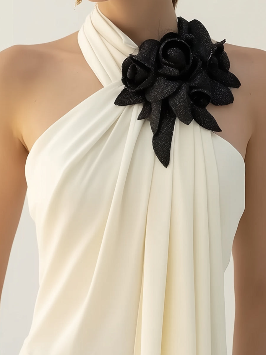 Chic Draped Halter Top With Elegant Floral Detailing