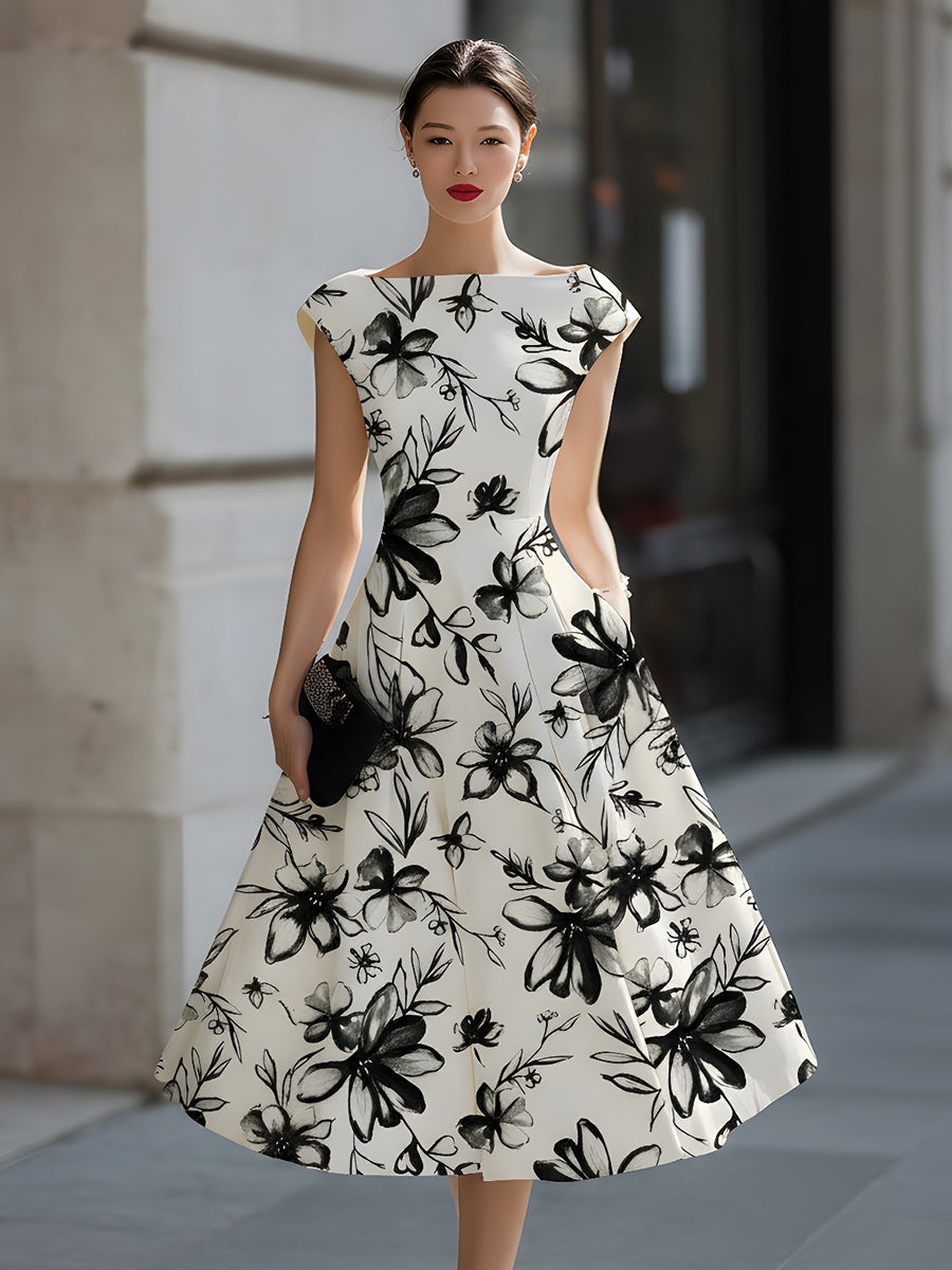 Floral Ink Print Cap Sleeve Midi Dress