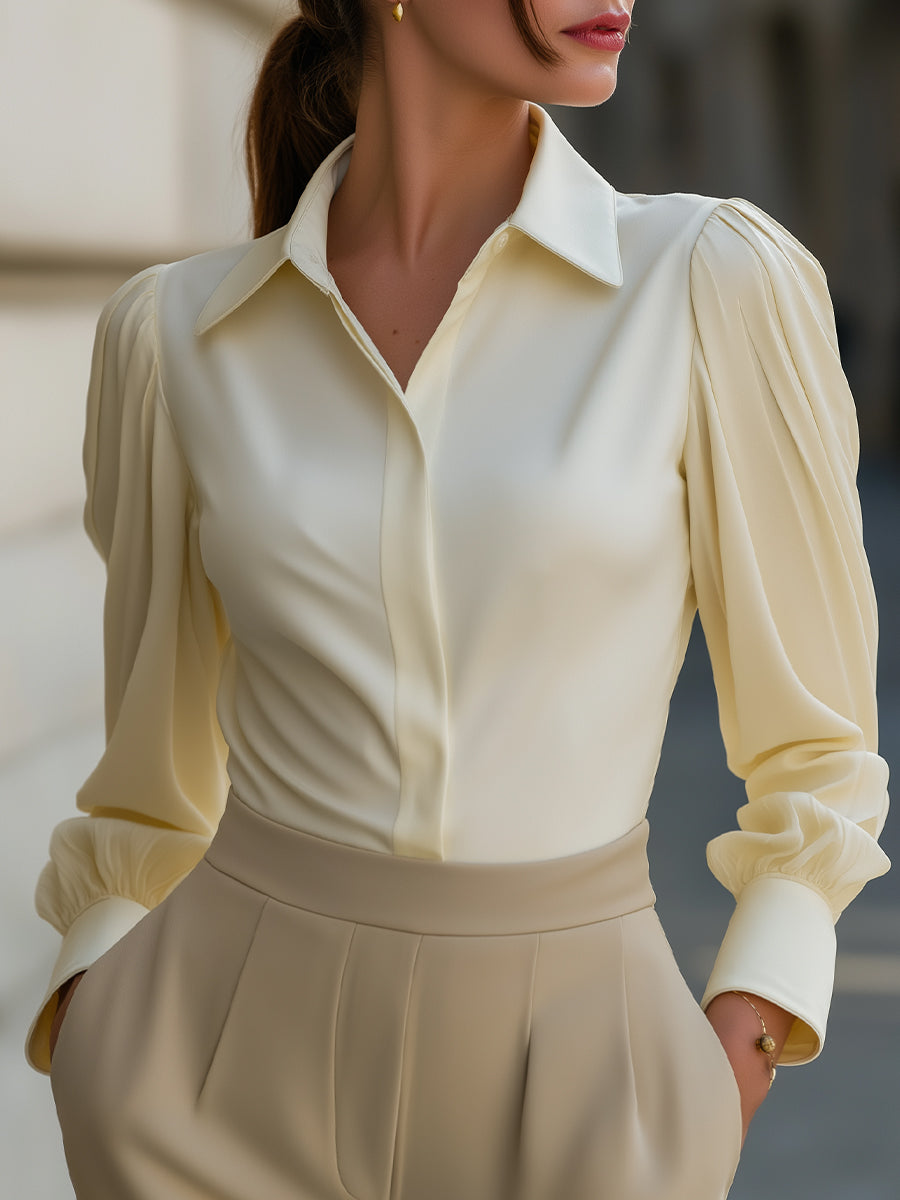 Puff Sleeve Button-Front Blouse With Point Collar