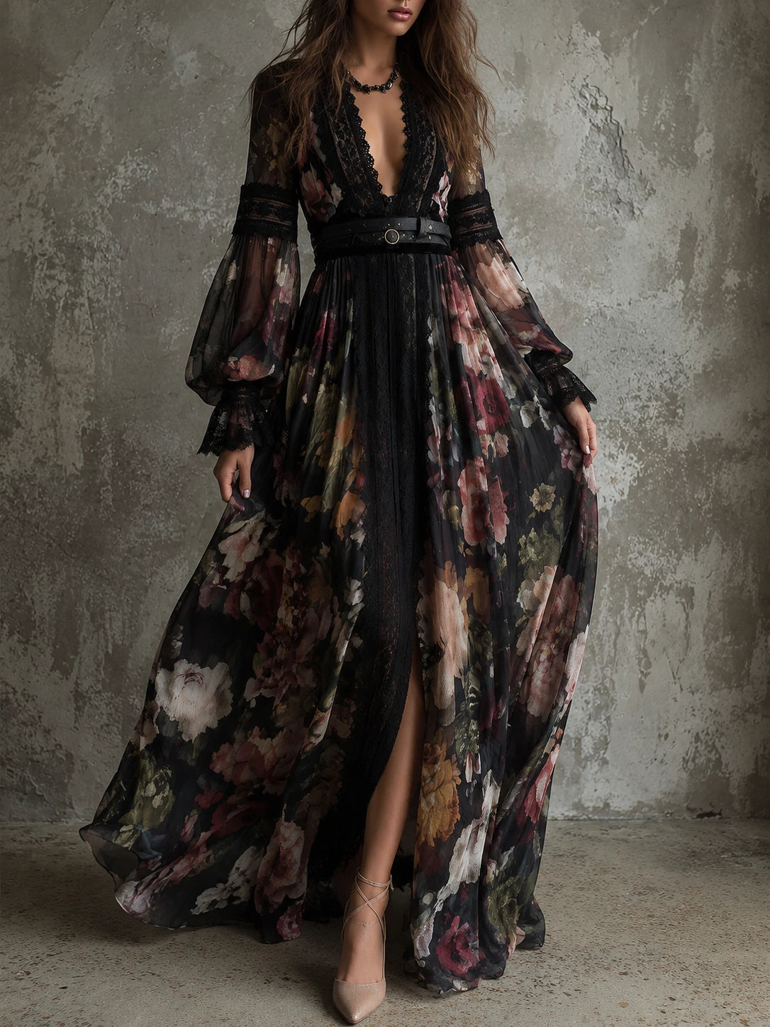 Bohemian Holiday Chiffon Printed Lace Maxi Dress
