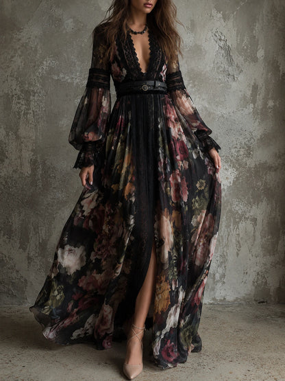 Bohemian Holiday Chiffon Printed Lace Maxi Dress
