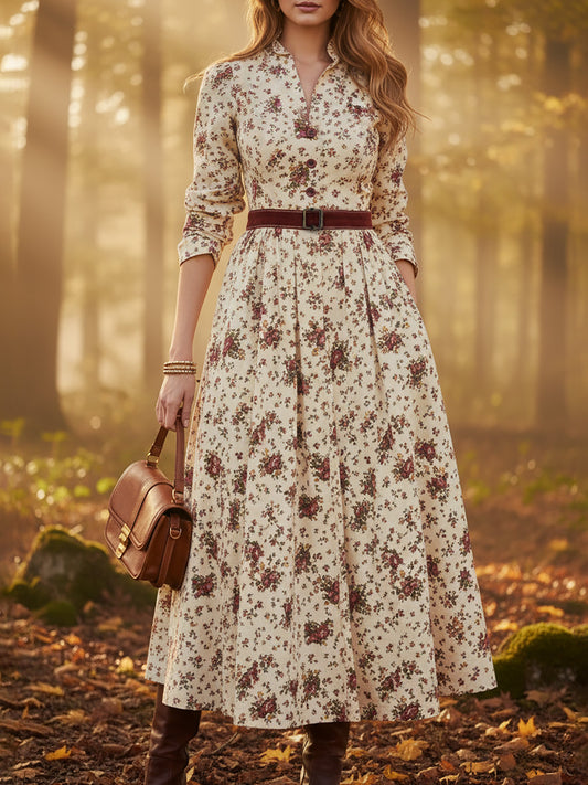 Midi Linen Dress, Long Sleeves, Shawl Collar, Floral, Belt Design, Vintage, Apricot