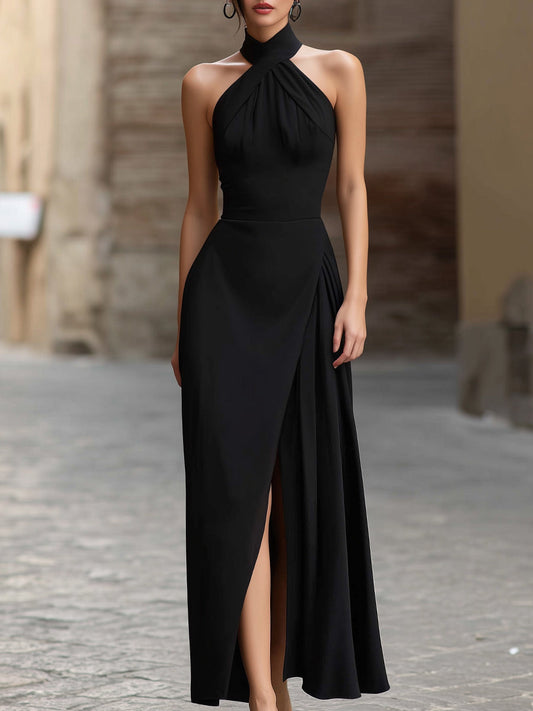 Cross-Halter Draped Front Slit Maxi Dress