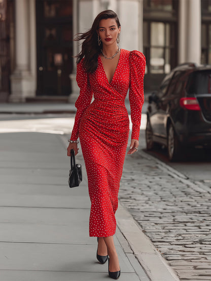 Elegant Red Polka Dot Satin Midi Dress