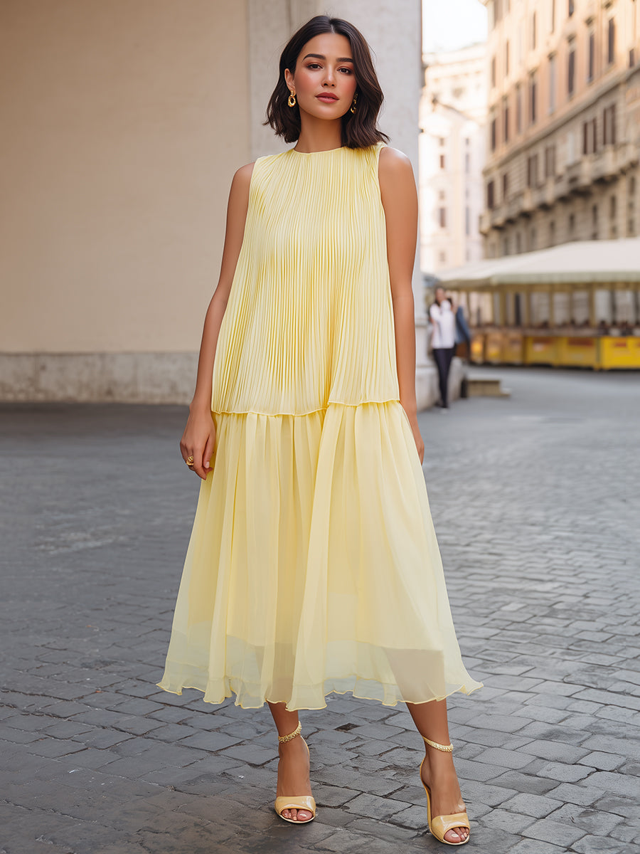 Luminous Grace: Pleated Tiered Sleeveless Midi Dress