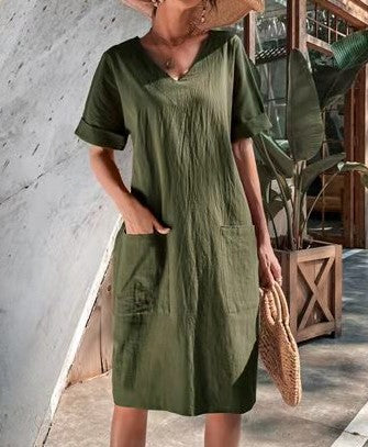 Short Sleeve V-neck A- line Dress