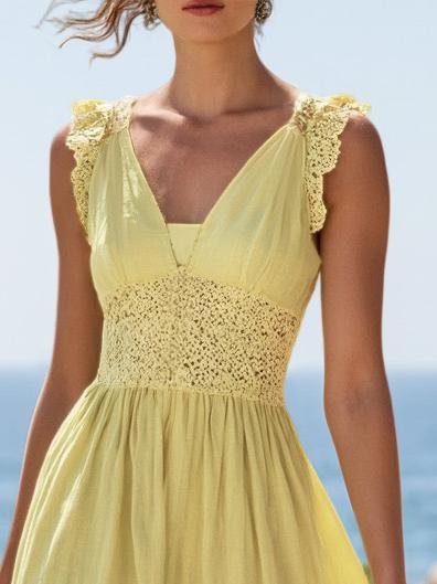 (SIZE:XS-XXL)Linen Maxi Dress, Sleeveless, V neck, Plain, Vintage, Cyan