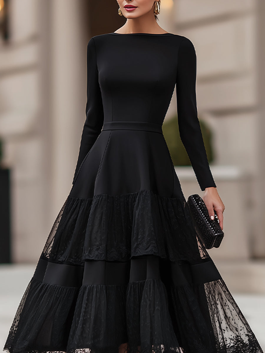 Long Sleeve Tiered Lace Hem Midi Dress