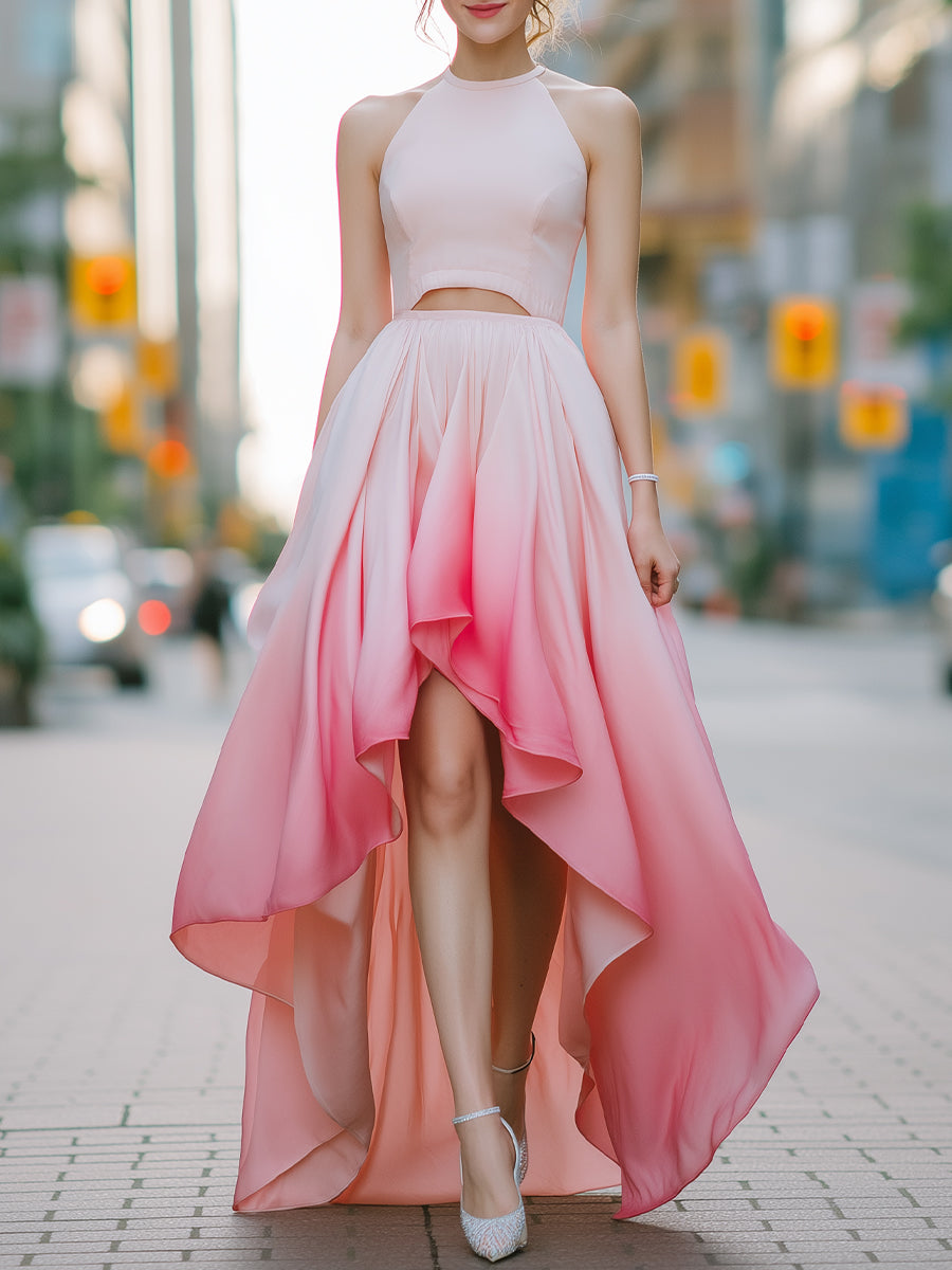 Elegant Pink Gradient High-Low Halter Dress