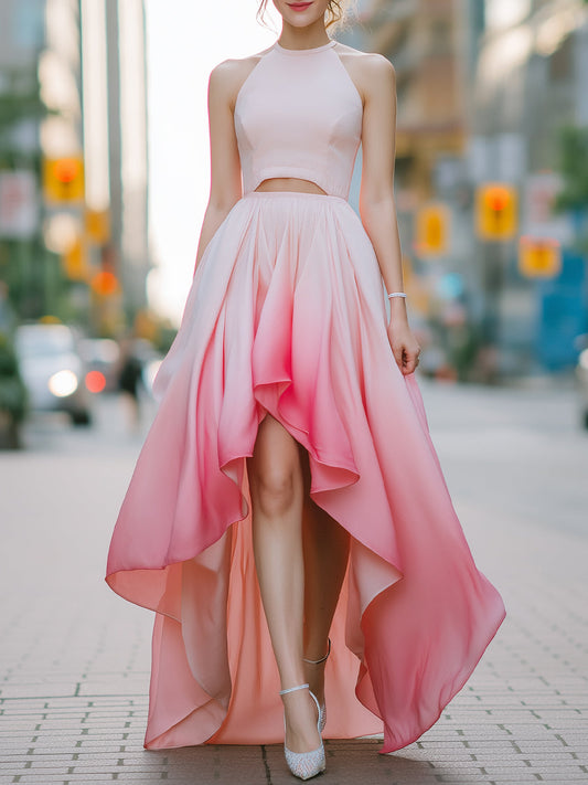 Elegant Pink Gradient High-Low Halter Dress