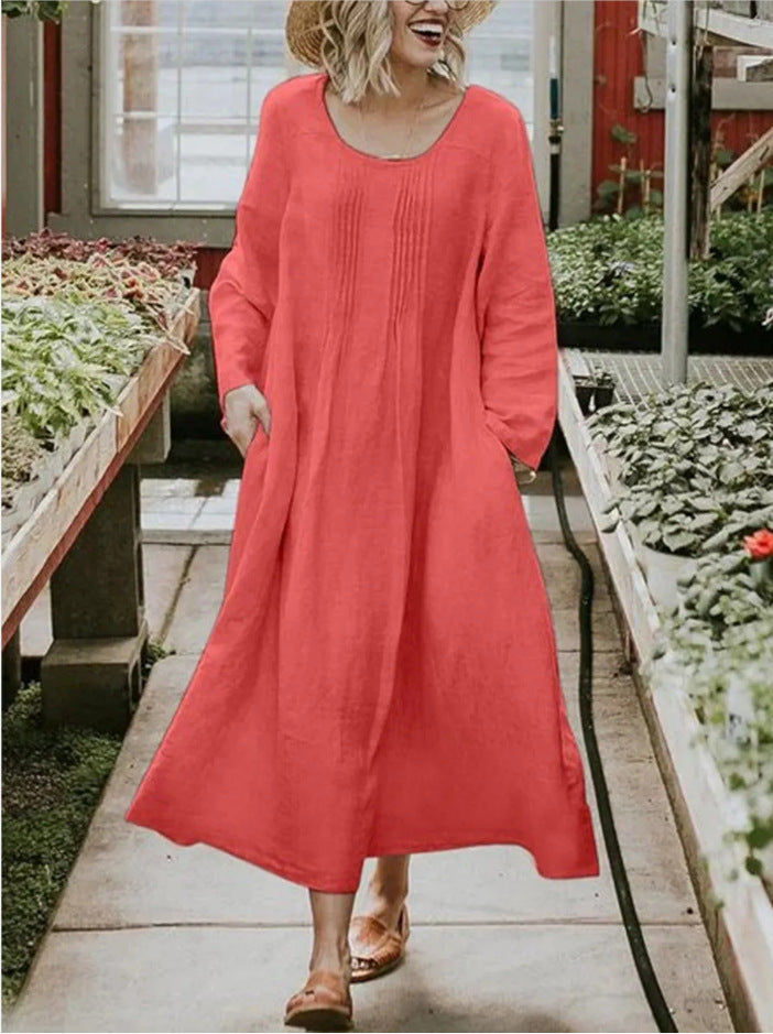 Plus Size Autumn Pleated Pocket Solid Color Long Sleeve Cotton and Linen Dress