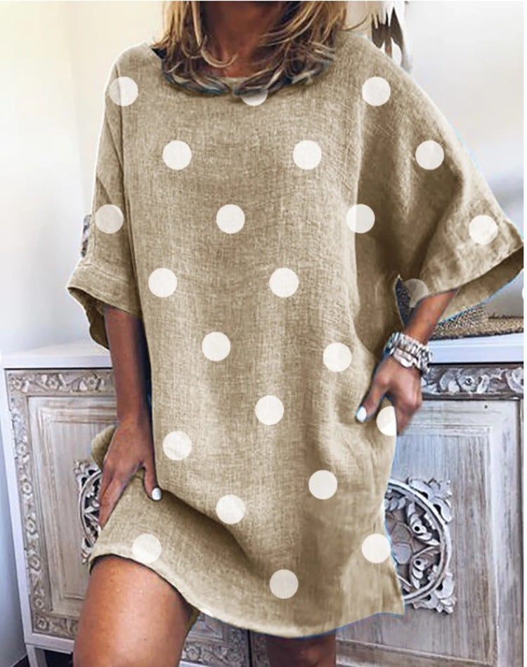 Plus Size New Polka Dot Print Fashion round Neck Loose Half Sleeve Dress