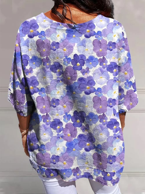 Purple Flower Printed Half Sleeve Shirt Top