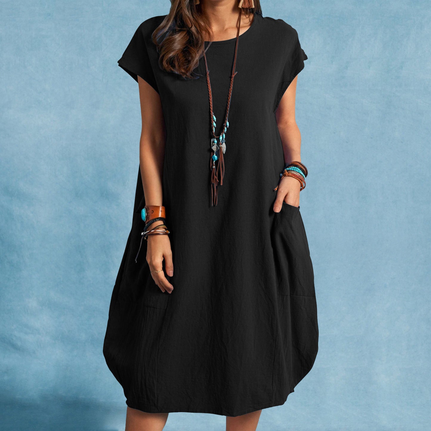 Cotton Solid Color Pocket Midi Dress